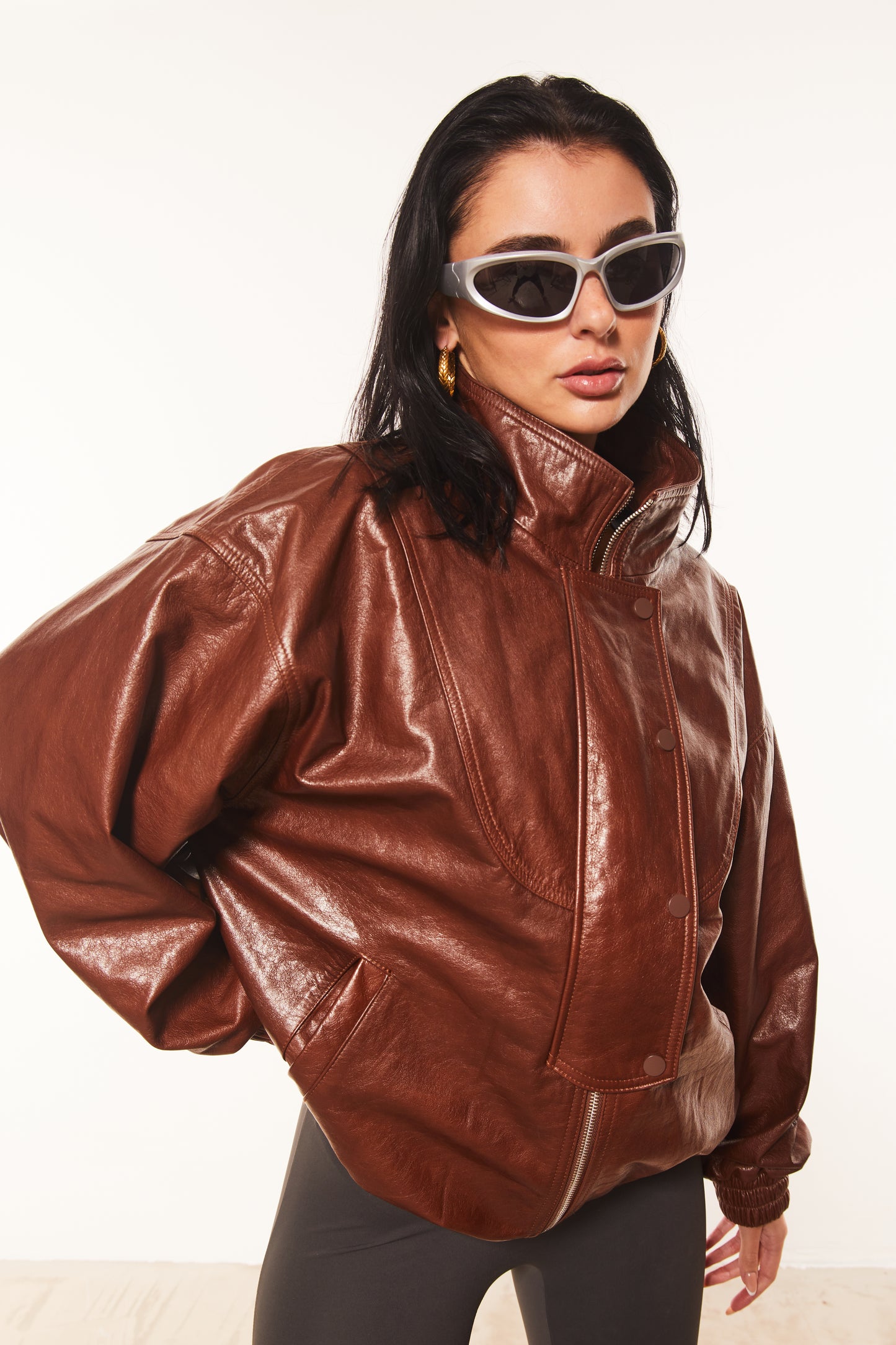 Brown Funnel Neck Leather Jacket