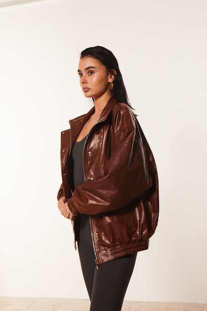 Brown Oversized Leather Bomber Jacket