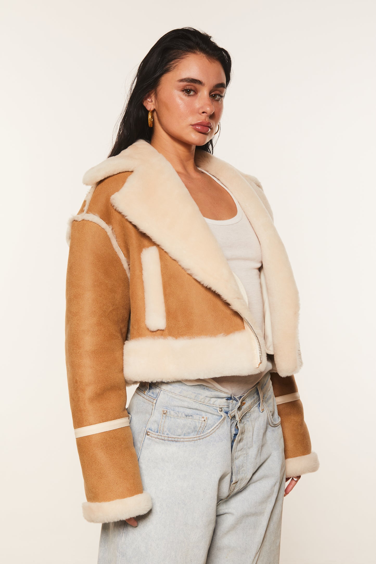 Cropped Shearling Aviator Jacket