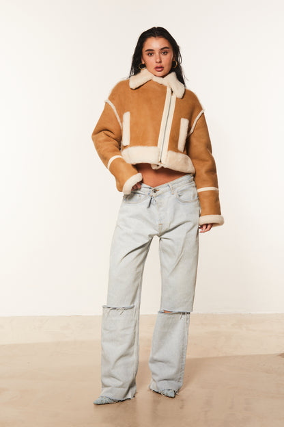 Cropped Shearling Aviator Jacket