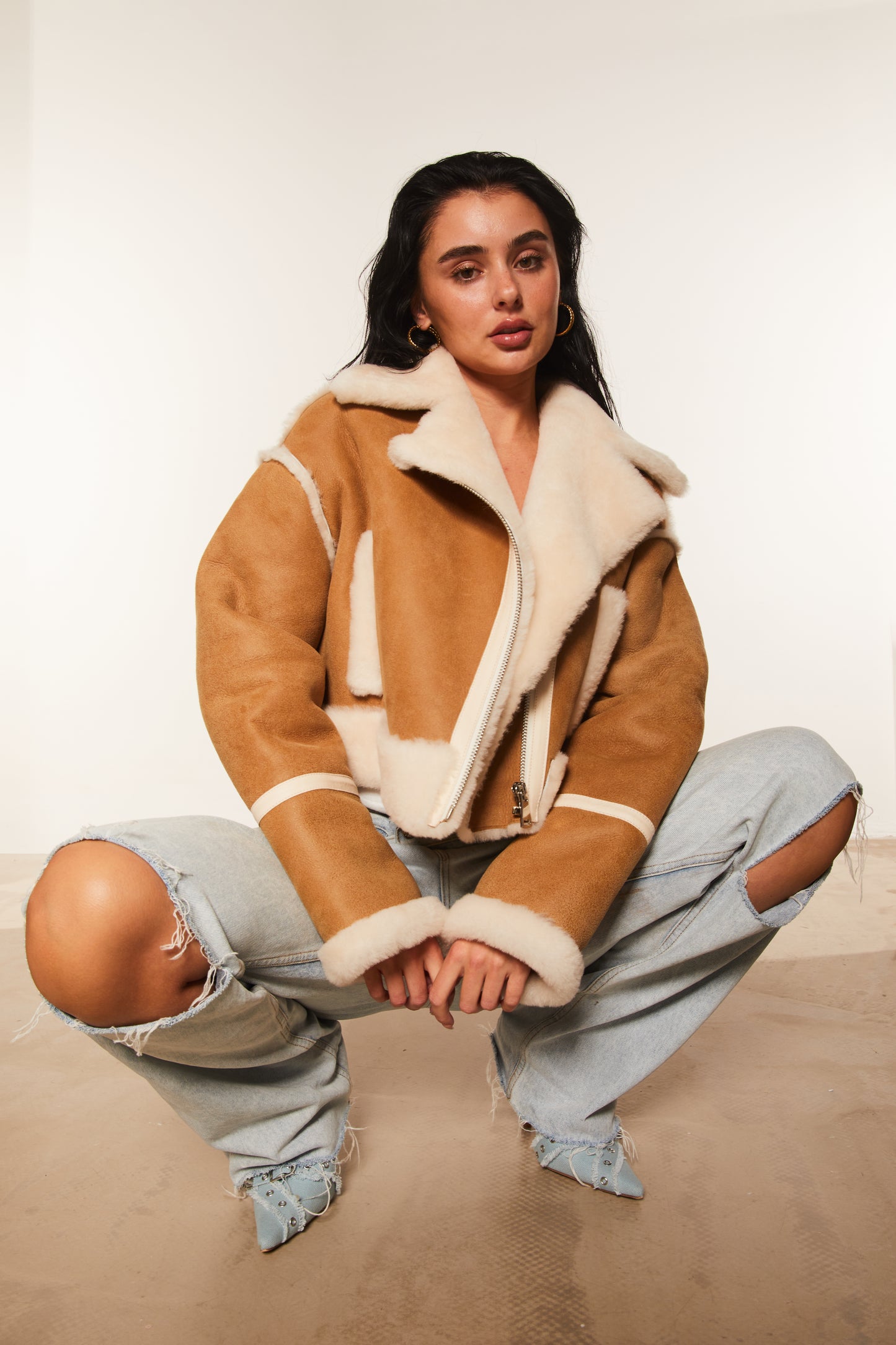 Cropped Shearling Aviator Jacket