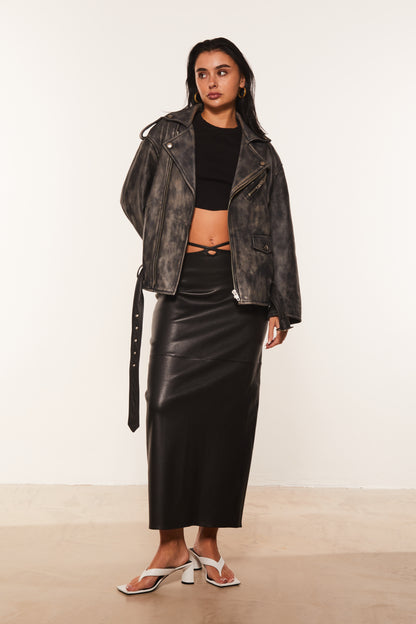 Washed Oversized Leather Biker Jacket