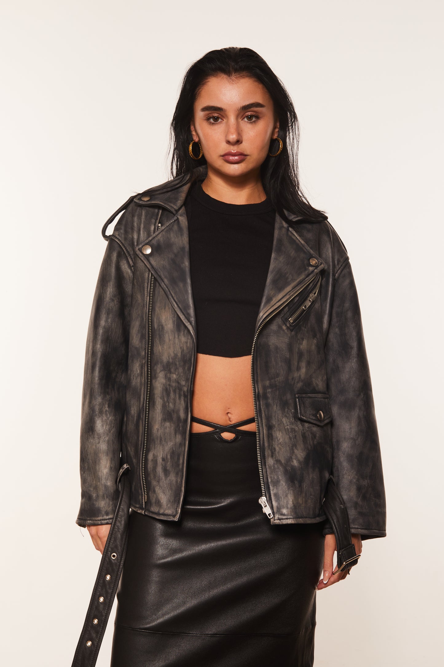 Washed Oversized Leather Biker Jacket