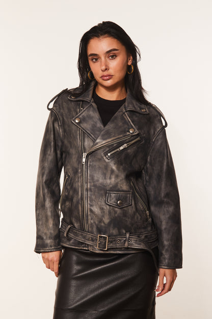 Washed Oversized Leather Biker Jacket