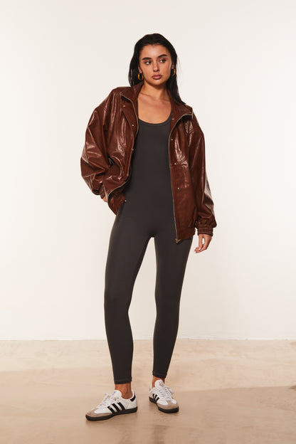 Brown Oversized Leather Bomber Jacket