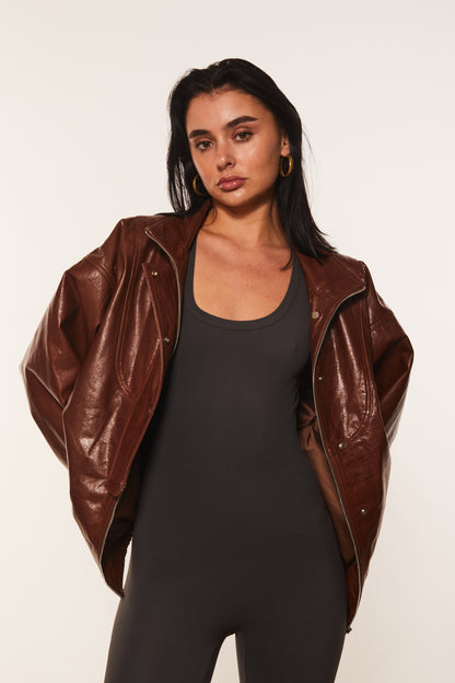 Brown Oversized Leather Bomber Jacket