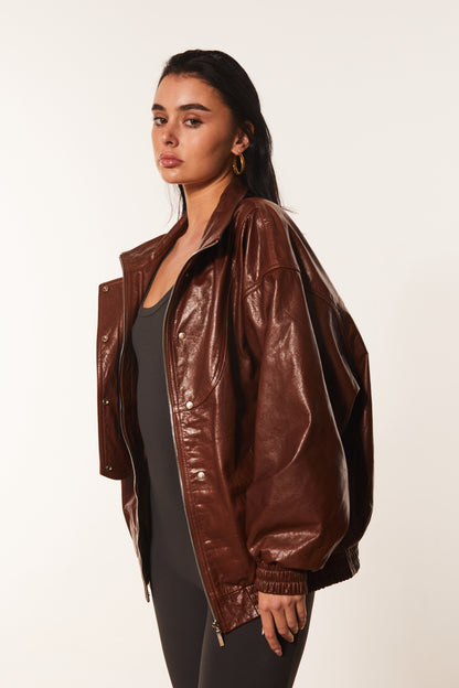 Brown Oversized Leather Bomber Jacket