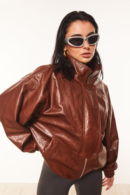 Brown Oversized Leather Bomber Jacket