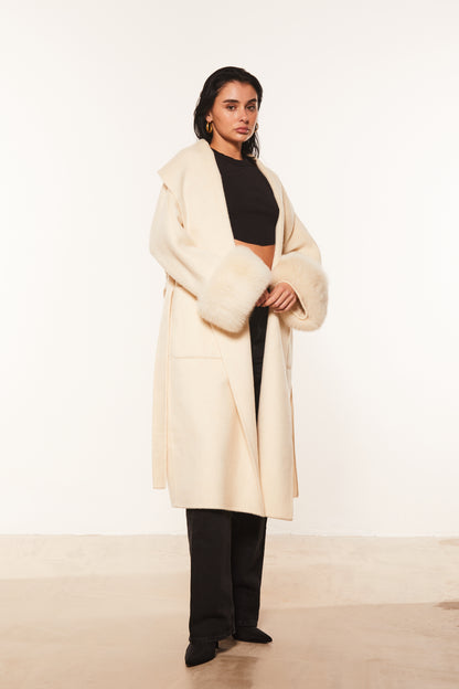 Robe Coat With Fur Sleeve Trim