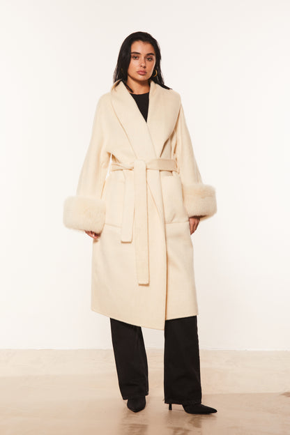 Robe Coat With Fur Sleeve Trim