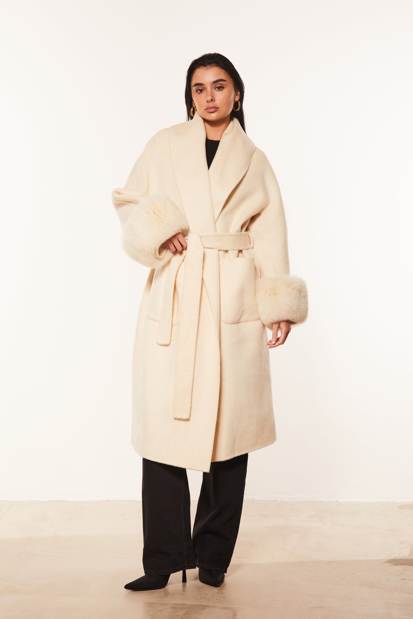 Robe Coat With Fur Sleeve Trim