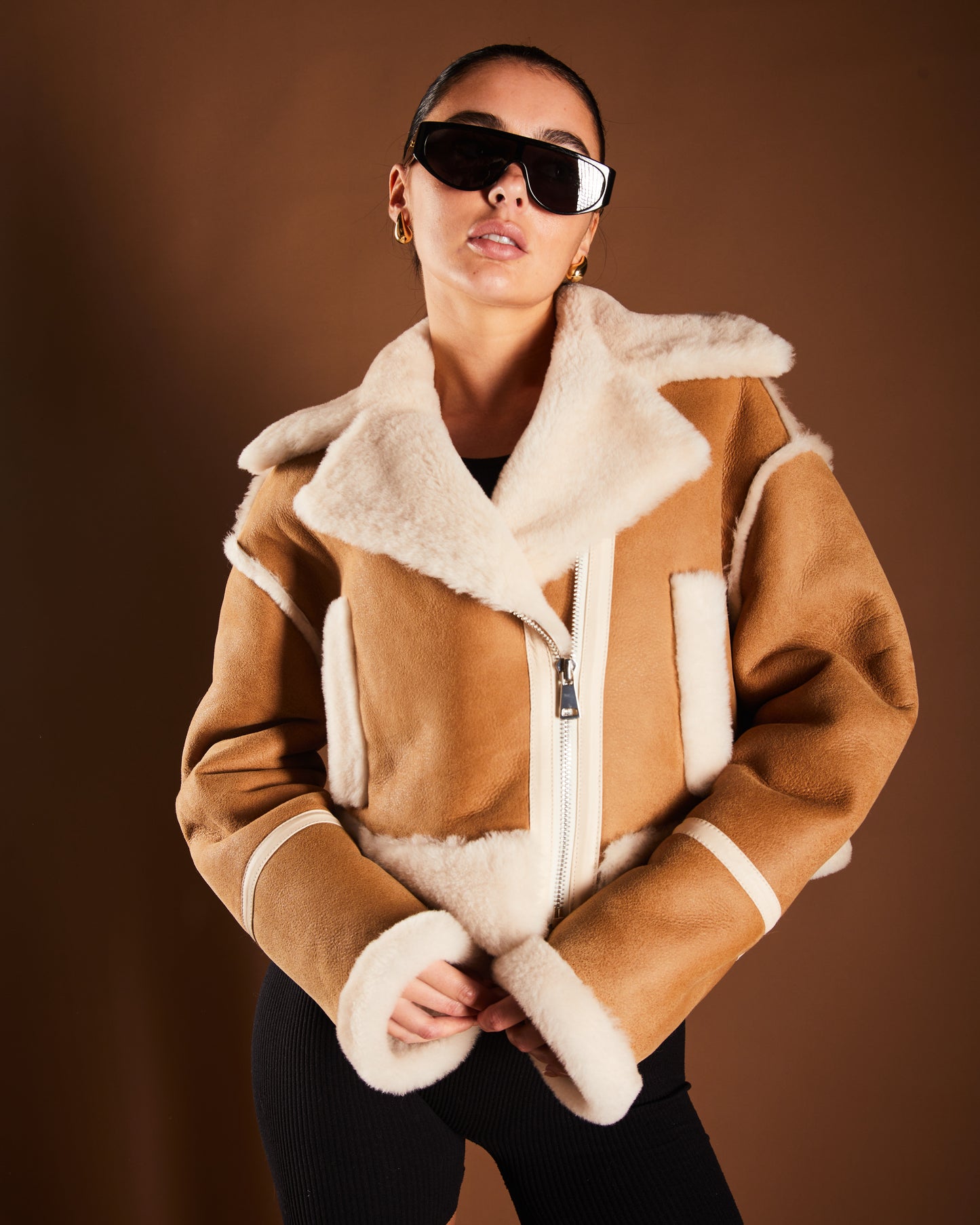 Cropped Shearling Aviator Jacket