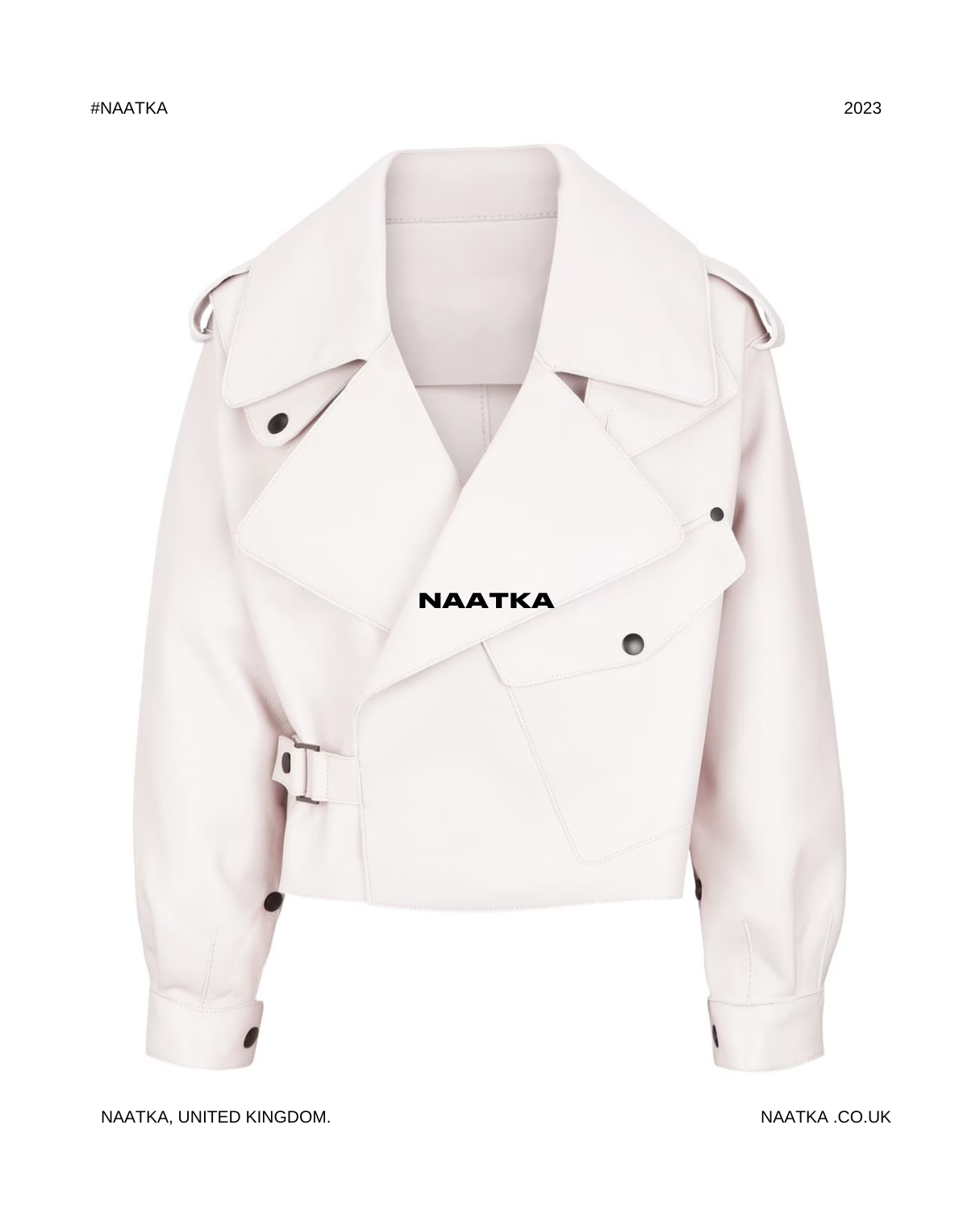 a white oversized leather jacket with big lapels and large front pocket is shown on a white background.