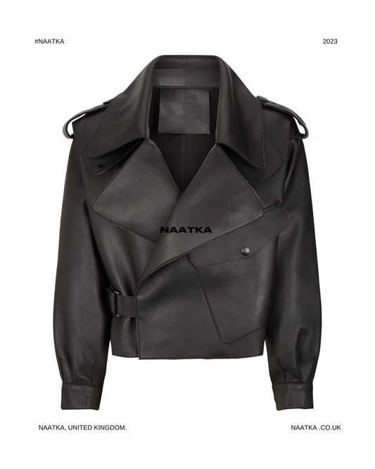 a black oversized leather jacket with big lapels and large pocket is shown on a white background.