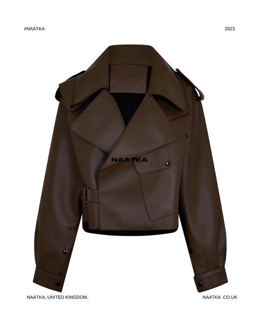 a brown oversized leather jacket with big lapels and large pocket is shown on a white background.